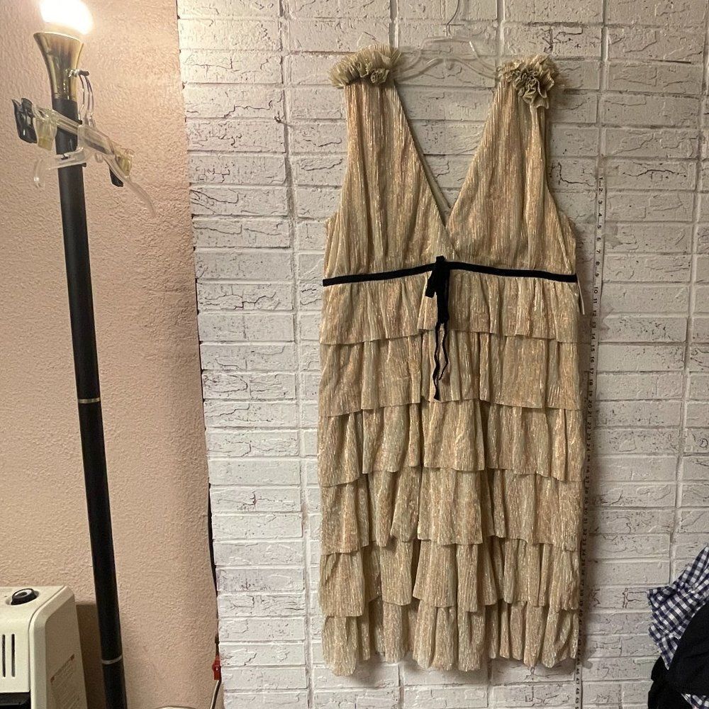 Arula Gold Party Cocktail Shimmer Sleeveless Plus Size Curvy Ruffle Dress 2X NWT - Picture 3 of 13